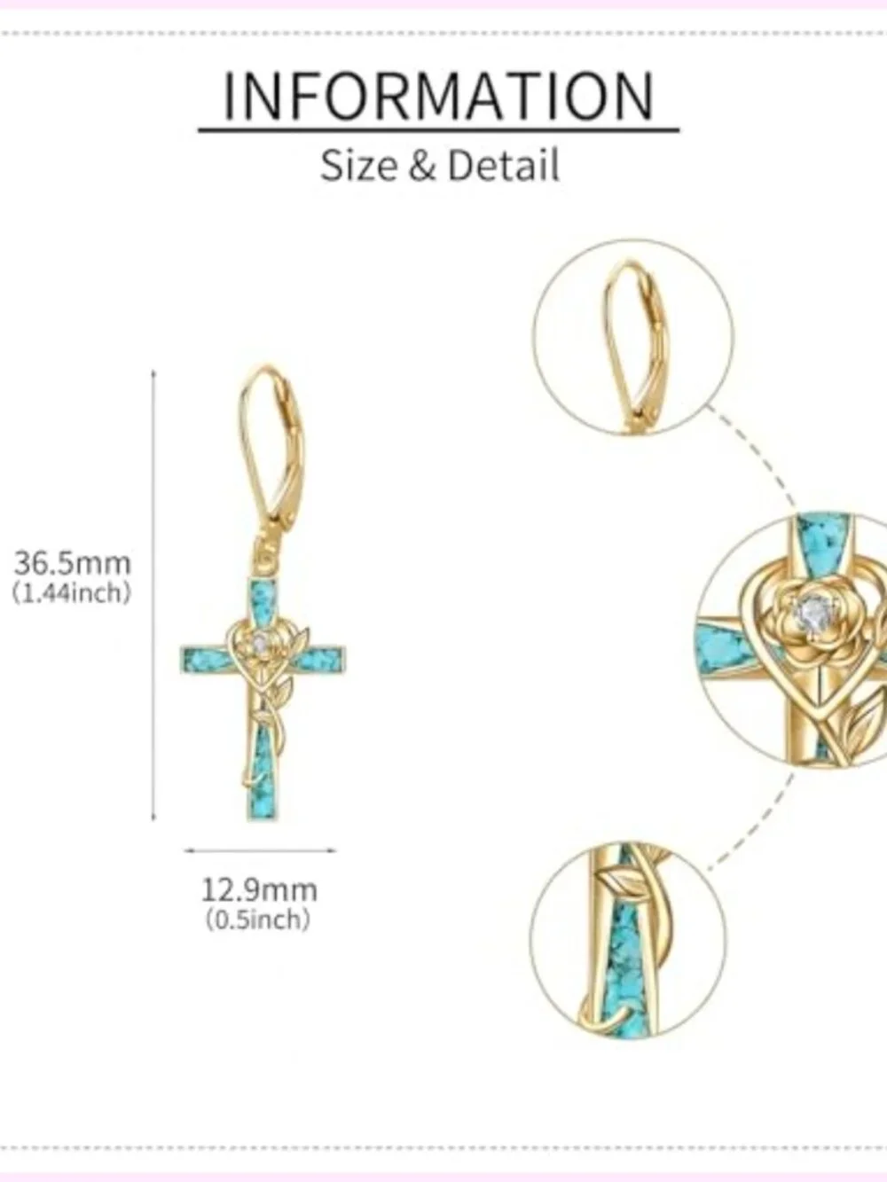 18k Gold Plated Rose Cross Turquoise Dangle Earrings Faith Jewelry Gift for
